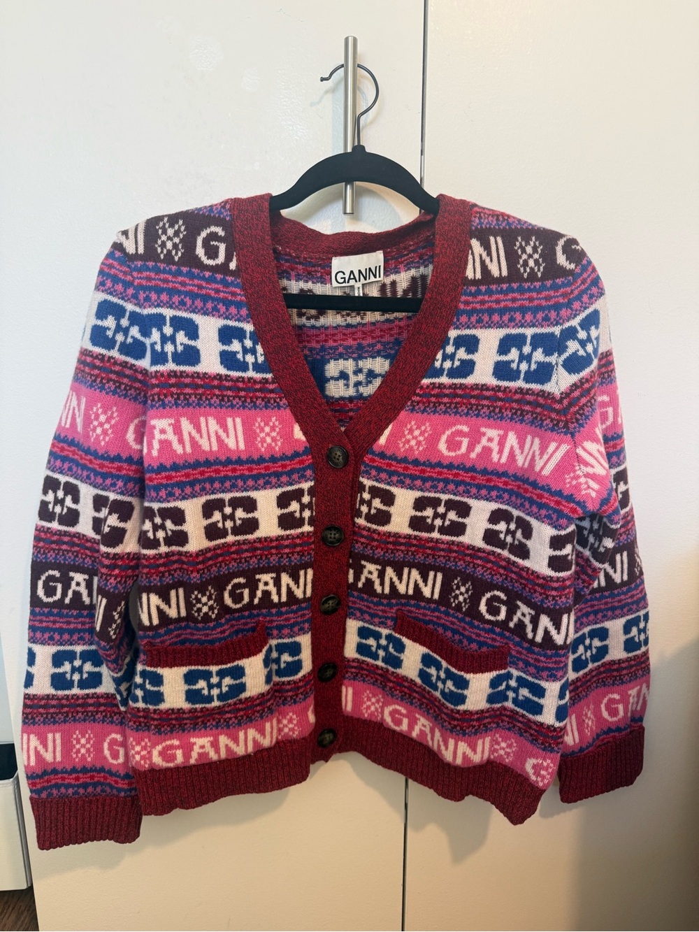 Ganni Multicolor Fair Isle Cardigan - Pink, Blue, Purple, Burgundy